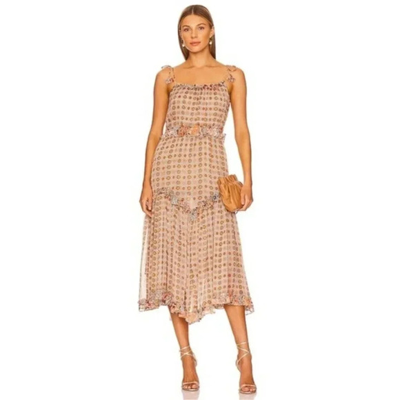 MISA Nita Midi Ruffle Dress in Flora Tile Mix Green and Pink Size S NWT - Picture 1 of 13